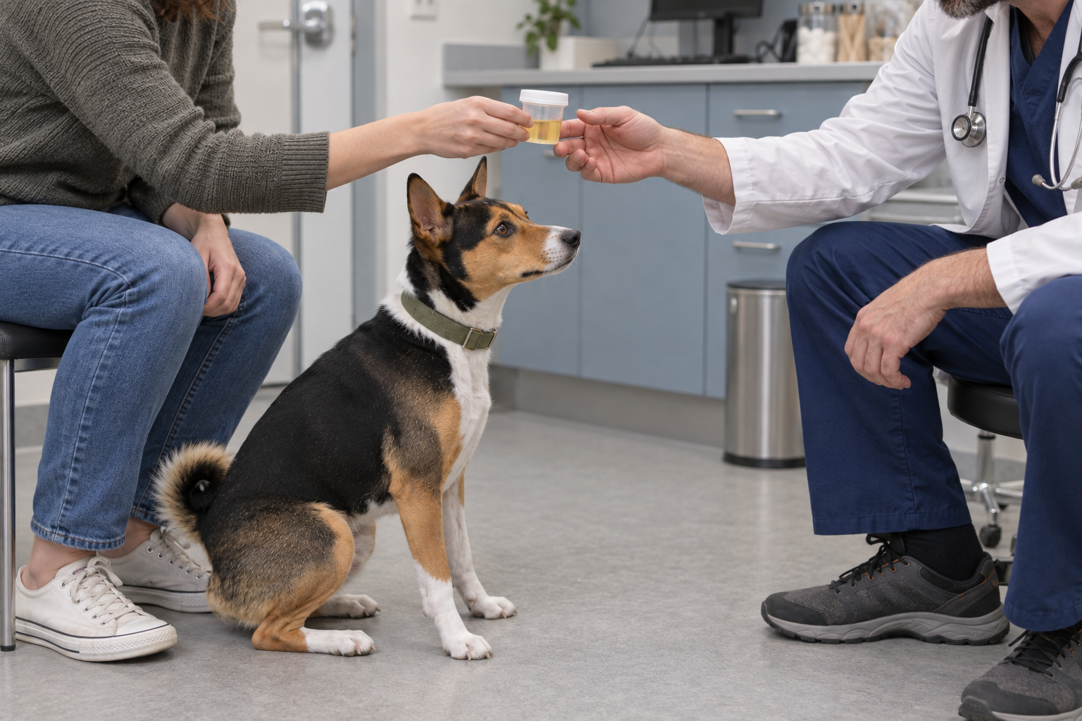 Majiteľka odovzdáva označenú vzorku moču veterinárnej pracovníčke na klinike